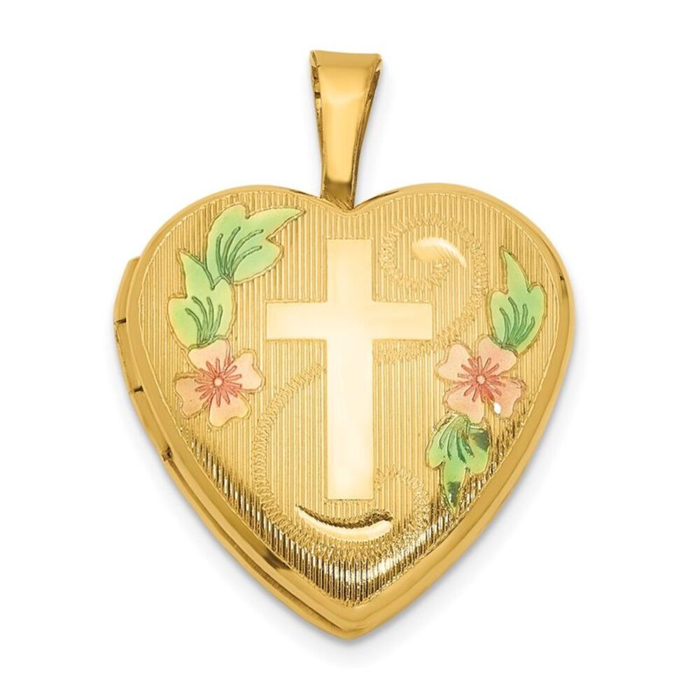 1/20 14K Gold Filled & Epoxy 16mm Floral Cross Heart 2 Frame Locket